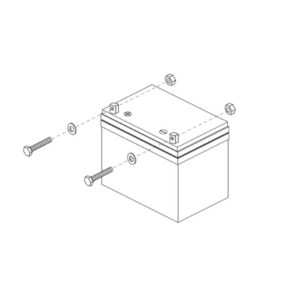Line drawing of the 47AH Battery for Pride Mobility Power Wheelchairs with bolts, washers, and nuts shown separately, indicating assembly or parts placement.
