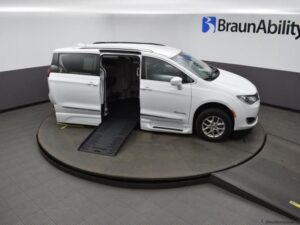 White Chrysler Pacifica with BraunAbility Side Entry Automatic Fold Out conversion