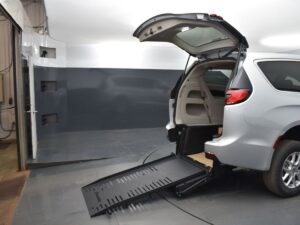 Silver Chrysler Pacifica with BraunAbility Rear Entry Manual Fold Out conversion