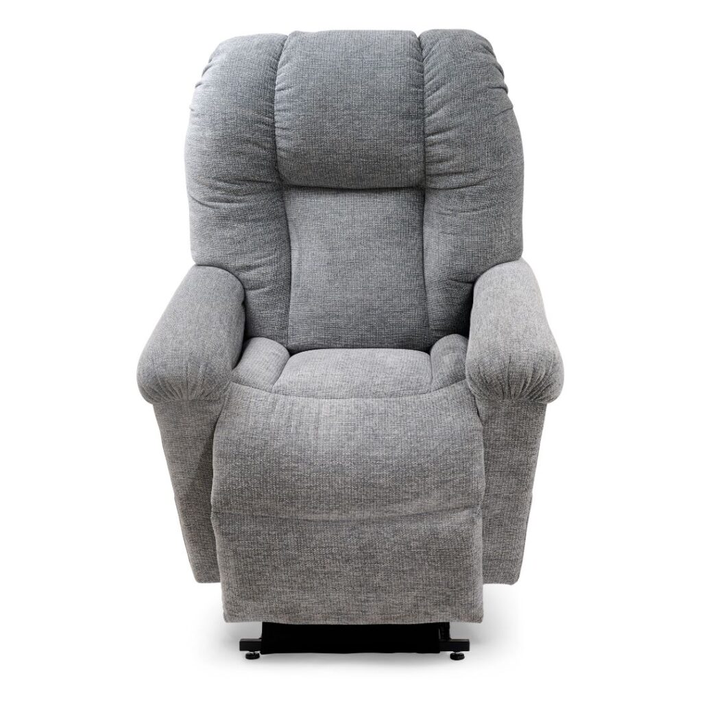 A front view of the Cloud with Twilight Lift Chair, a grey upholstered recliner featuring padded armrests and a cushioned backrest for cloud-like comfort in calming twilight hues.