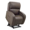 The EZ Sleeper with Twilight Lift Chair is a brown leather recliner featuring padded back and armrests, elevated on a black metal lift mechanism.
