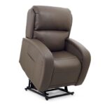 The EZ Sleeper with Twilight Lift Chair is a brown leather recliner featuring padded back and armrests, elevated on a black metal lift mechanism.