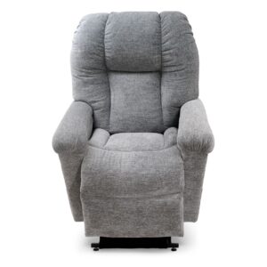 A front view of the Cloud with Twilight Lift Chair, a grey upholstered recliner featuring padded armrests and a cushioned backrest for cloud-like comfort in calming twilight hues.
