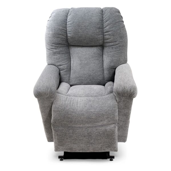 A front view of the Cloud with Twilight Lift Chair, a grey upholstered recliner featuring padded armrests and a cushioned backrest for cloud-like comfort in calming twilight hues.