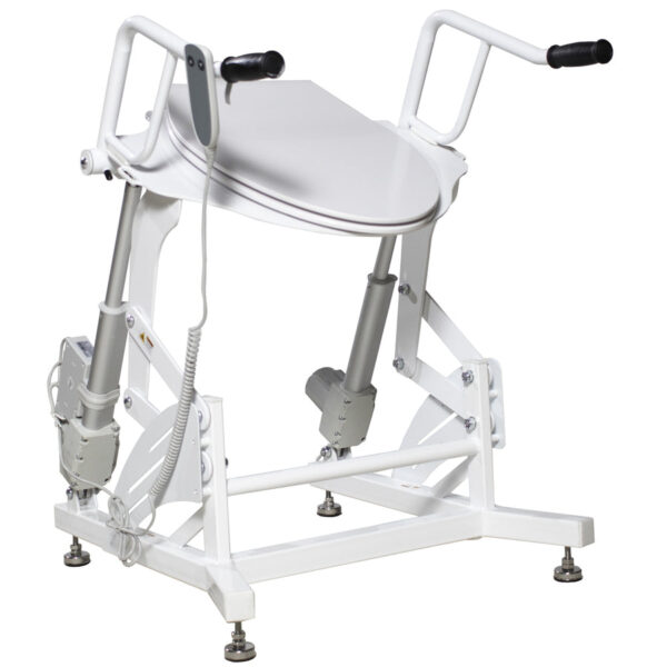 A white mechanical device with a rotating platform, handles, and a control panel, likely used for assisting mobility or lifting.