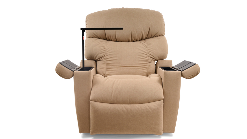 Cloud+ with Twilight Lift Chair in beige upholstery, featuring two armrest storage compartments and an attached black swivel tray, shown against a white background.