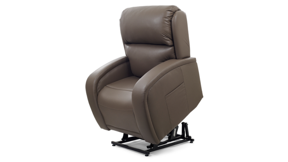 EZ Sleeper with Twilight Lift Chair, brown leather, features padded backrest and armrests, shown partially elevated against a plain white background.