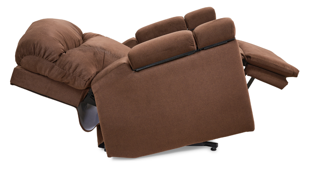 The Cloud with Twilight Lift Chair is shown fully reclined, with the backrest lowered and the footrest extended, offering comfort reminiscent of relaxing beneath a cloud as twilight gently settles in.