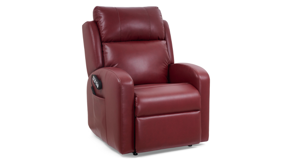 A burgundy leather EZ Sleeper Slim with Twilight Lift Chair features padded armrests and a convenient control panel on the right side, shown against a white background.