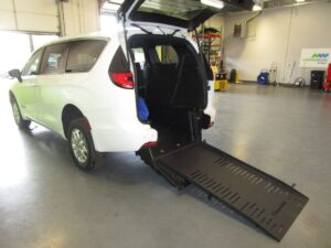 White Chrysler Pacifica with BraunAbility Rear Entry Manual Fold Out conversion