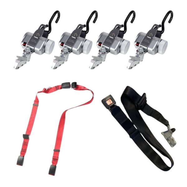 The PROTEKTOR 2.0 SilverSeries includes 4 metal retractors, a red adjustable strap, and a black lap and shoulder belt with buckle, all shown on a white background.