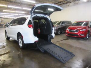White Chrysler Pacifica with BraunAbility Rear Entry Manual Fold Out conversion
