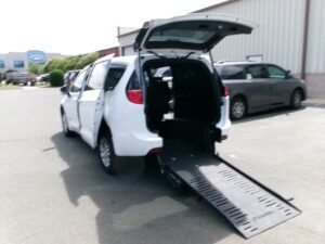 White Chrysler Voyager with BraunAbility Rear Entry Manual Fold Out conversion