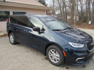 Blue Chrysler Pacifica with Driverge Rear Entry Manual Fold Out conversion