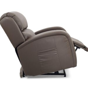 The EZ Sleeper with Twilight Lift Chair in brown leather is displayed fully reclined, featuring an extended footrest and a visible side pocket.