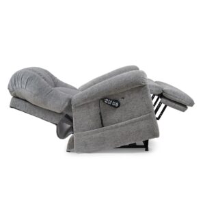 The Cloud with Twilight Lift Chair is a gray upholstered recliner, fully extended for comfort, featuring cloud-like softness in twilight tones and an attached remote control on the side.