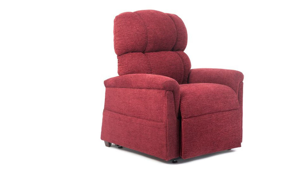 A red Comforter with MaxiComfort Lift Chair, featuring plush upholstery, a padded backrest, and armrests, is positioned against a plain white background.