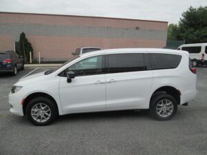 White Chrysler Pacifica with FR Conversions Rear Entry Manual Fold Out conversion