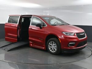 Red Chrysler Pacifica with BraunAbility Side Entry Automatic Fold Out conversion