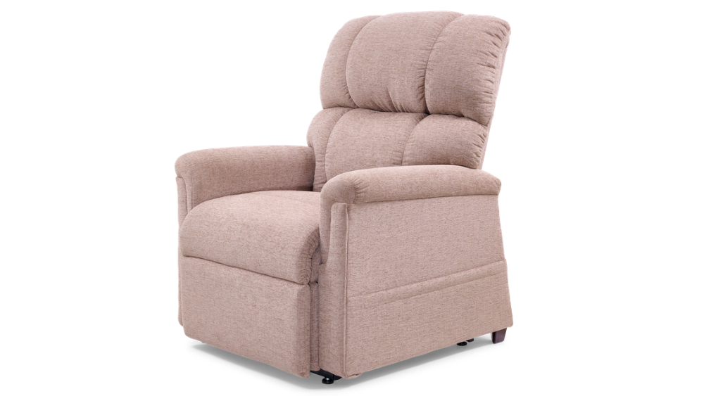 The Comforter Lift Chair is a beige upholstered recliner featuring a padded backrest, armrests, and seat cushion, displayed against a white background.