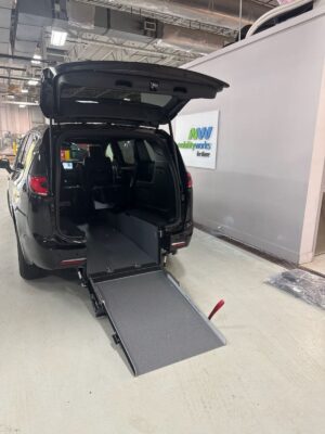 Black Chrysler Pacifica with Driverge Rear Entry Manual Fold Out conversion