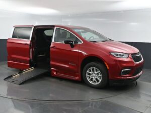 Red Chrysler Pacifica with BraunAbility Side Entry Automatic Fold Out conversion