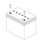Line drawing of the 75AH Battery for Pride Mobility Scooters shows labeled positive (+) and negative (–) terminals, with screws and washers being assembled on each terminal.
