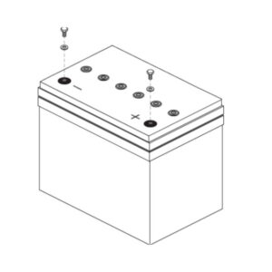 Line drawing of the 75AH Battery for Pride Mobility Scooters shows labeled positive (+) and negative (–) terminals, with screws and washers being assembled on each terminal.