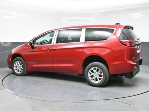 Red Chrysler Pacifica with BraunAbility Rear Entry Manual Fold Out conversion