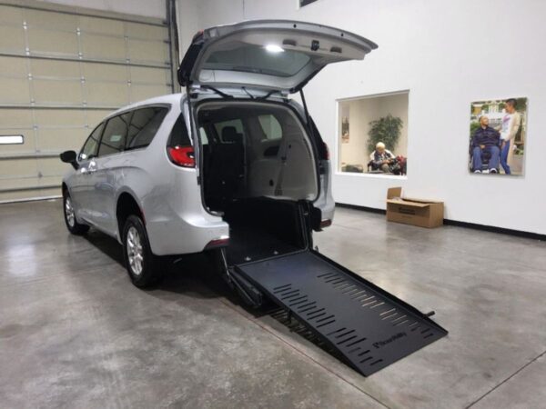 Silver Chrysler Pacifica with BraunAbility Rear Entry Manual Fold Out conversion