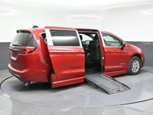 Red Chrysler Pacifica with BraunAbility Side Entry Automatic Fold Out conversion
