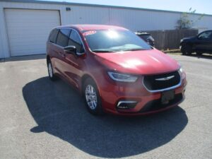 Red Chrysler Pacifica with Driverge Rear Entry Manual Fold Out conversion