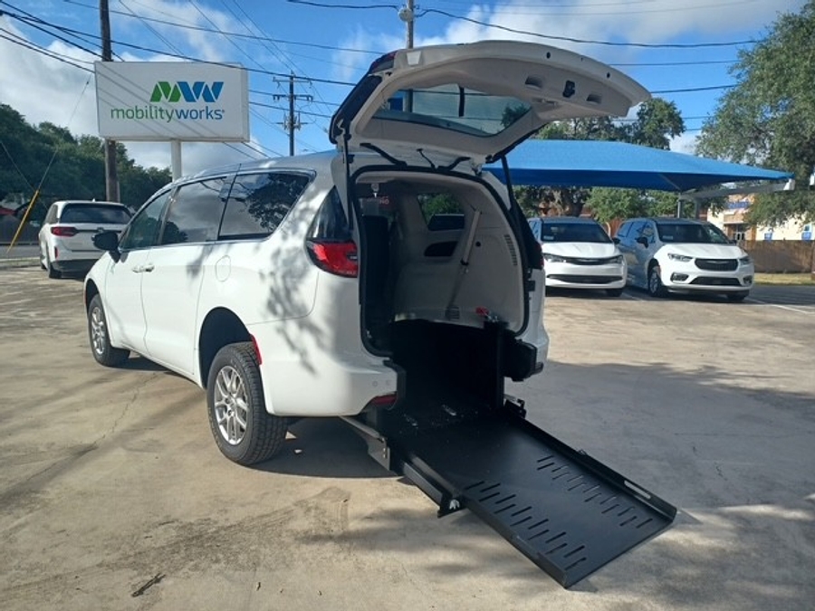 White Chrysler Pacifica with FR Conversions Rear Entry Manual Fold Out conversion