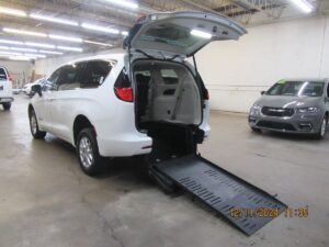 White Chrysler Voyager with BraunAbility Rear Entry Manual Fold Out conversion