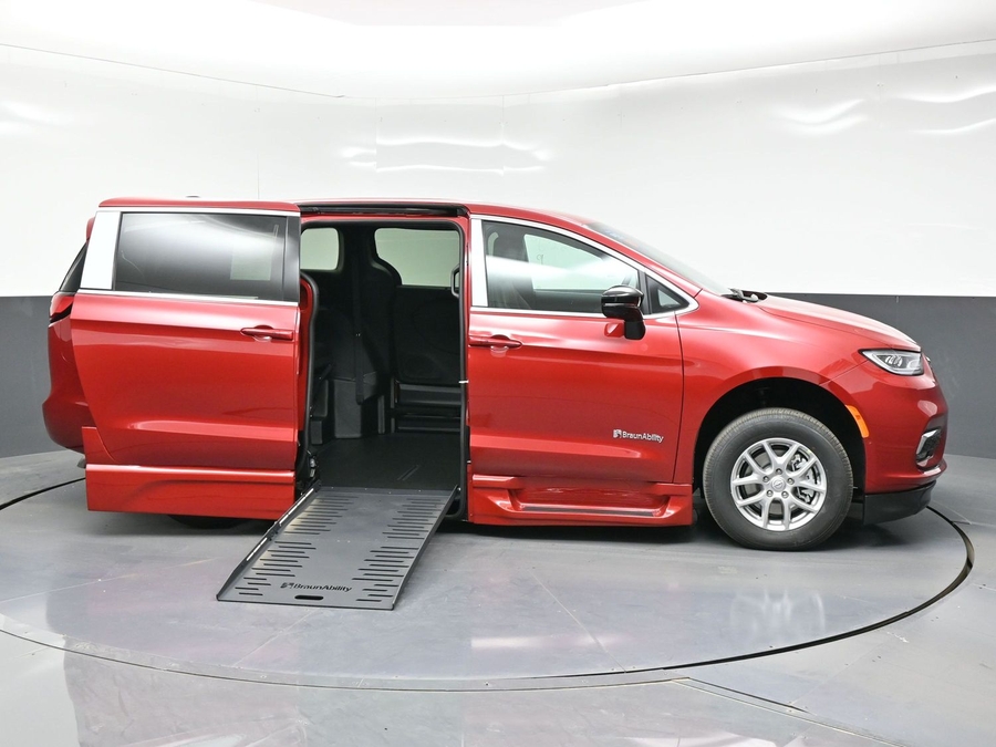 Red Chrysler Pacifica with BraunAbility Side Entry Automatic Fold Out conversion
