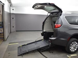 Grey Chrysler Pacifica with BraunAbility Rear Entry Manual Fold Out conversion