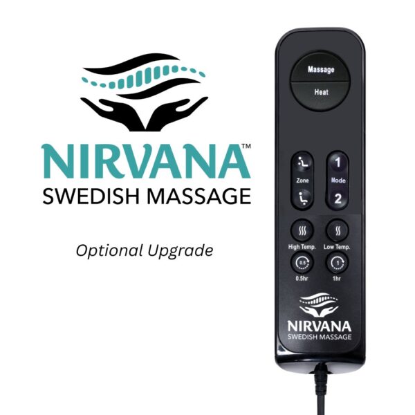 Cloud with Twilight Lift Chair logo above a handheld remote featuring labeled buttons for massage, heat, and customizable settings. A soft cloud in twilight colors forms a calming backdrop. Text reads Optional Upgrade.