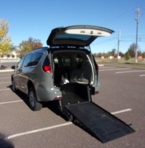 Grey Chrysler Pacifica with BraunAbility Rear Entry Manual Fold Out conversion