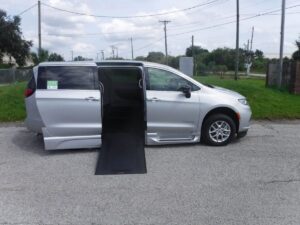 Silver Chrysler Pacifica with BraunAbility Side Entry Automatic In Floor conversion