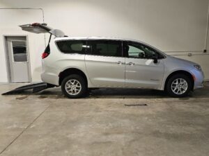 Silver Chrysler Pacifica with BraunAbility Rear Entry Manual Fold Out conversion