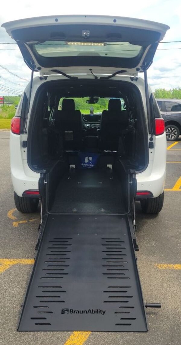White Chrysler Voyager with BraunAbility Rear Entry Manual Fold Out conversion