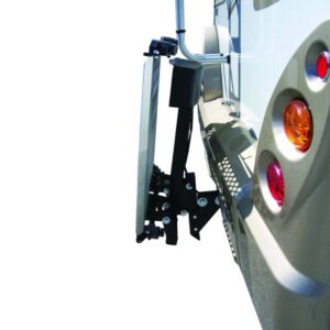 A close-up of the Harmar RV Lift (AL300RV) mounted to a recreational vehicle’s rear, showing its bike rack and scooter lift features, mounting hardware, and part of the vehicle's taillights.