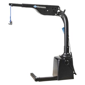 The Harmar Hoist Lift with Power Lift and Rotate (AL425) is a black, Harmar-branded mobility lift designed to assist with lifting and transporting wheelchairs or scooters using a hook attachment.