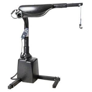 A Harmar Hoist Lift with Power Lift and Rotate (AL425) in black, featuring a control panel, extending arm, hook attachment, and a sturdy base with support legs.