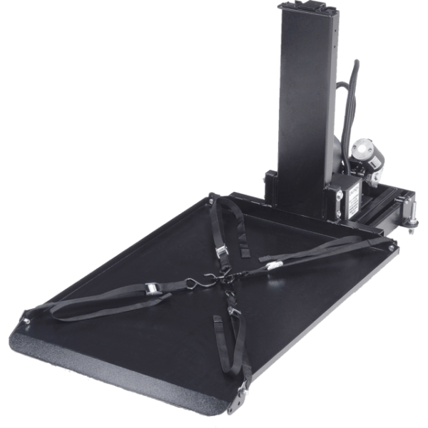 The Harmar Side Door Hybrid Platform Lift (AL690) features a black metal base, upright column, and safety straps for secure transport of motorized wheelchairs or scooters.