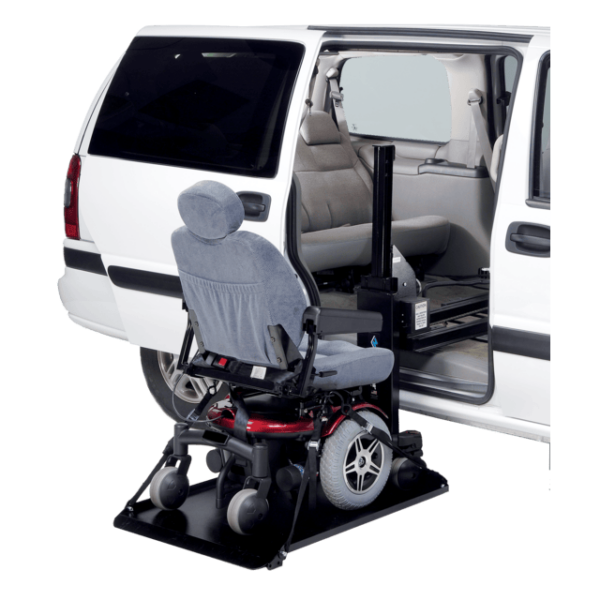 The Harmar Side Door Hybrid Platform Lift (AL690) is installed at the side door of a white van, ready to transfer motorized wheelchairs and scooters into the vehicle.