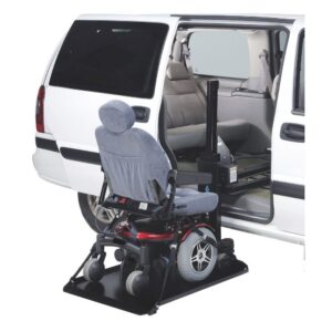 The Harmar Side Door Hybrid Platform Lift (AL690) lowers an electric wheelchair from the side door of a white minivan, revealing the interior and front passenger seat.