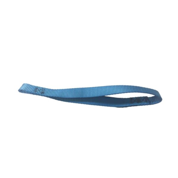 A blue AMF Bruns Webbing Loop for Wheelchair Securement lies flat against a white background.