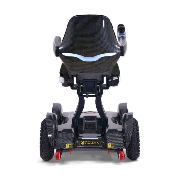 Rear view of the Ally Sport Power Wheelchair, a four-wheeled scooter with rugged tires, black carbon fiber design, and a contoured seat featuring visible handlebars and control panel.