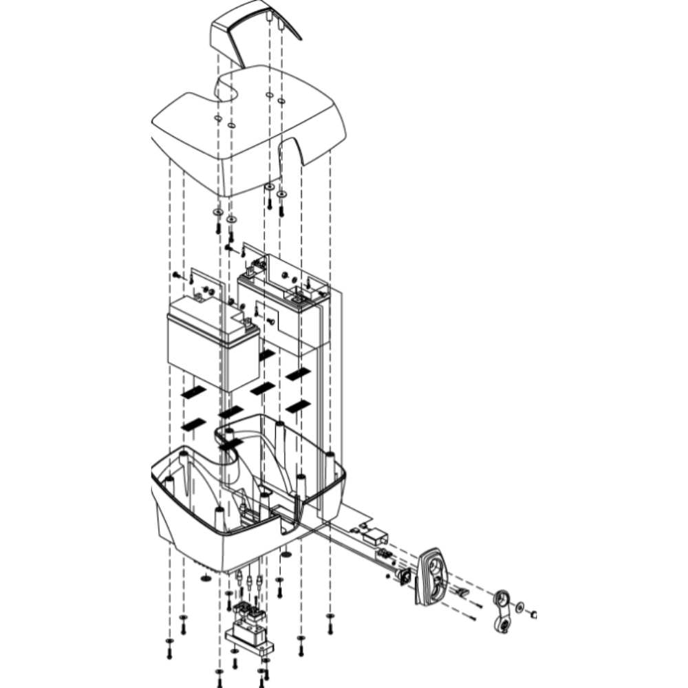 Exploded diagram of the Pride Go-Go Elite Traveller 18Ah Battery Box Assembly showing its internal components, including casing, control units, wiring, and screws, arranged in vertical assembly order.